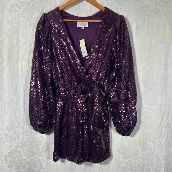 Francesca's Dresses & Skirts - Audrey Parks Francescas Dress Medium Purple Sequins NEW Valary Tie Balloon Slv